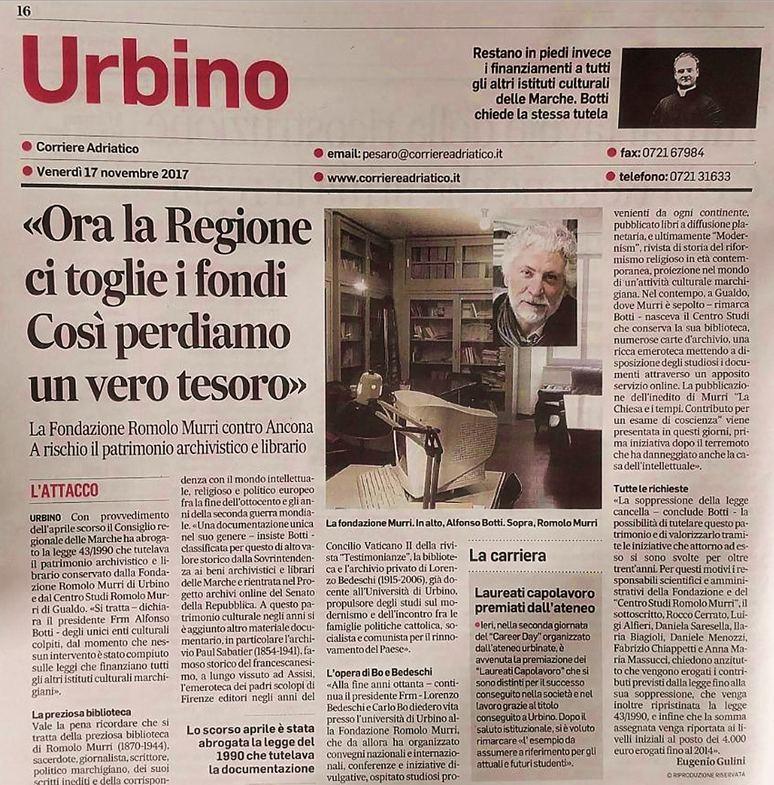 La Regione Marche mette a rischio il patrimonio archivistico e librario dei movimenti di riformismo religioso